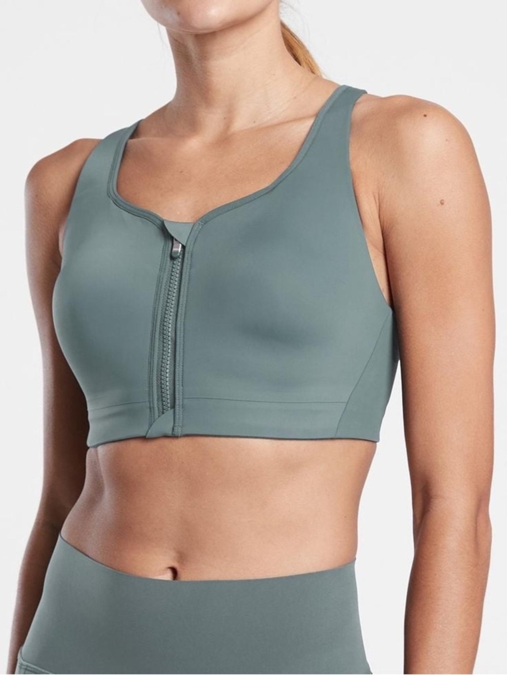 Athleta Advance Zip Front Sports Bra 34b Gray Green High Impact Activewear